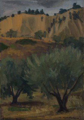 Olive Trees with Earthy Hill Background — Oil painting, Fiberboard, 36.00×51.00cm — Theodoros Markellos